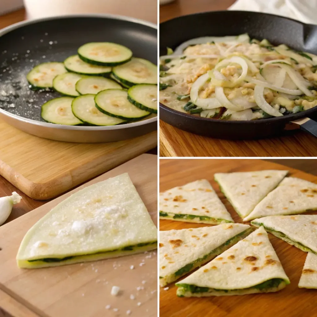Four step collage showing sautéing, assembling, cooking, and slicing quesadillas