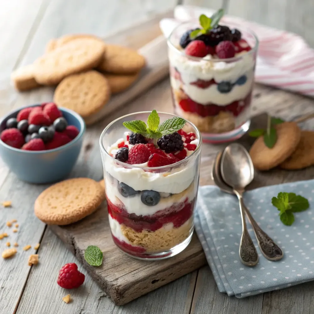 Mini berry trifles in glass cups served with shortbread cookies.