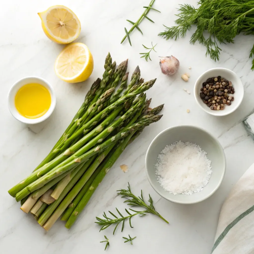 Air Fryer Asparagus – Crispy & Healthy Side 6 Flat lay of fresh asparagus, olive oil, garlic, lemon, and spices ready for air frying.