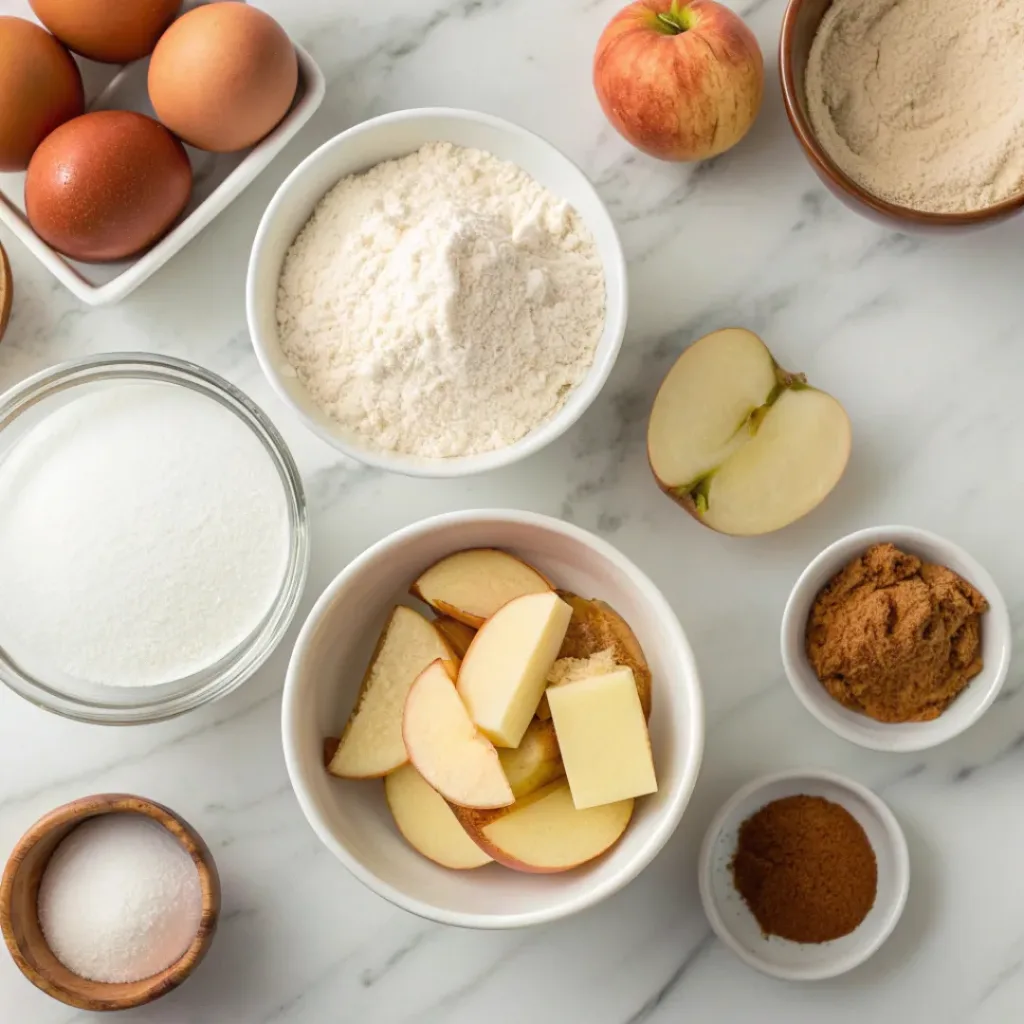 Flour, butter, sugar, cinnamon, eggs, and apple slices for cake