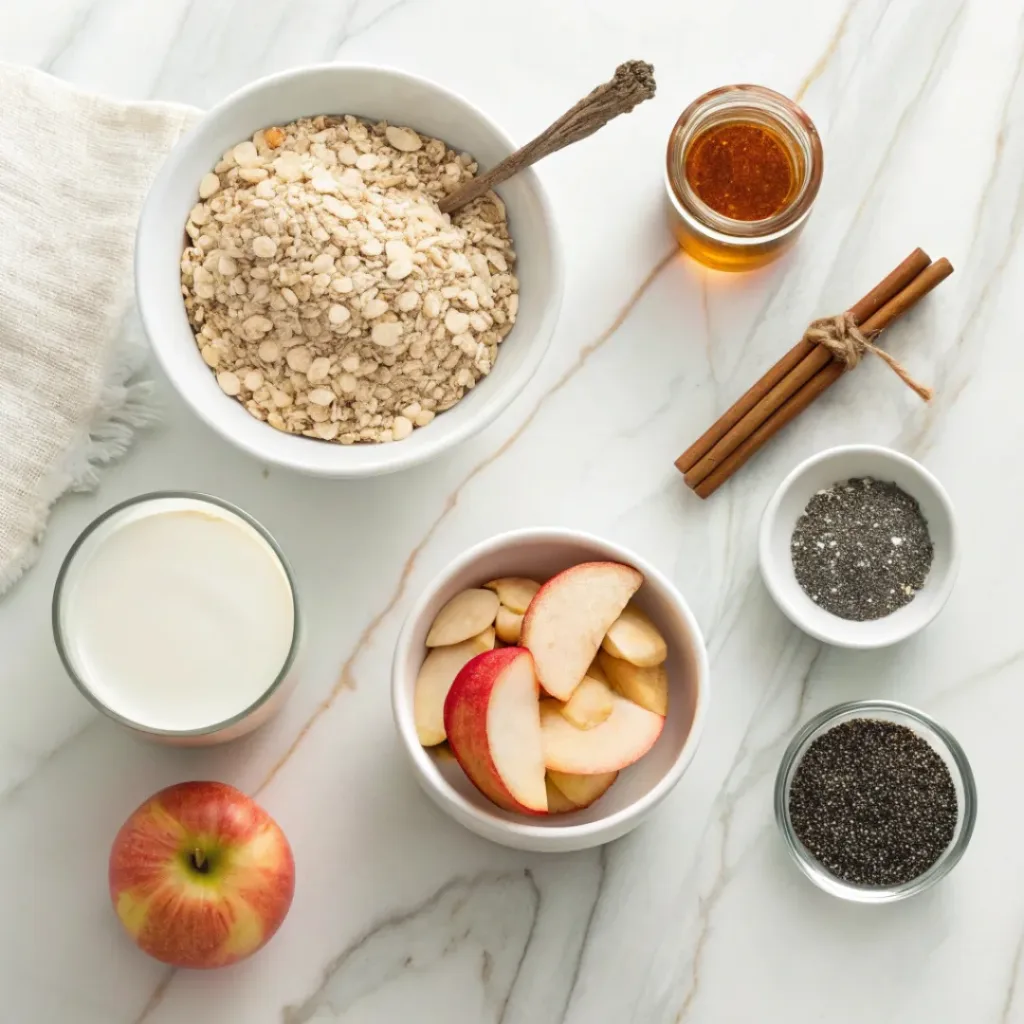 Flat lay of oats, milk, apples, cinnamon, honey, and chia seeds.