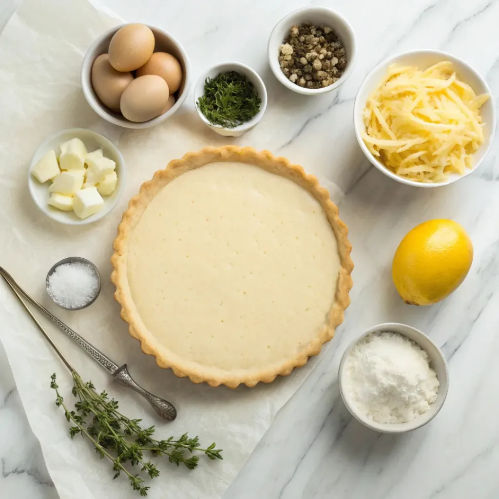 Tart crust, gouda, artichoke hearts, cream, and seasonings arranged for tart preparation.
