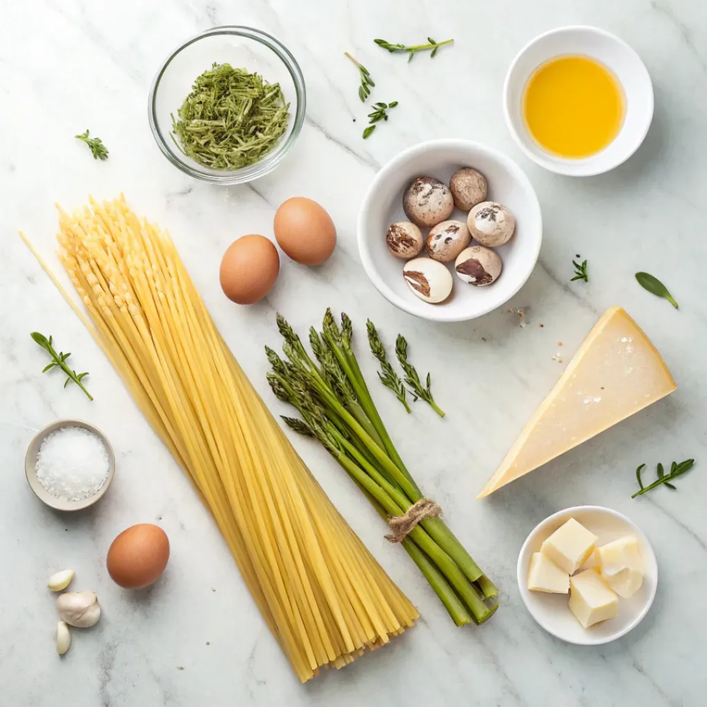 Asparagus Carbonara – Creamy & Easy Pasta 6 Flat lay of pasta, asparagus, eggs, Parmesan, garlic, and pancetta substitutes for a carbonara.
