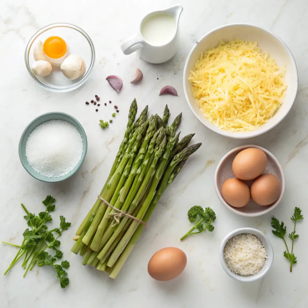 Flat lay of fresh asparagus, eggs, cheese, milk, and herbs for frittata.