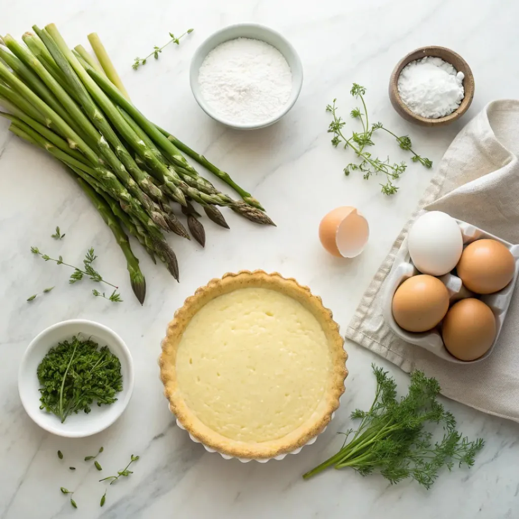 Asparagus, eggs, cream, goat cheese, and pie crust arranged for quiche preparation.