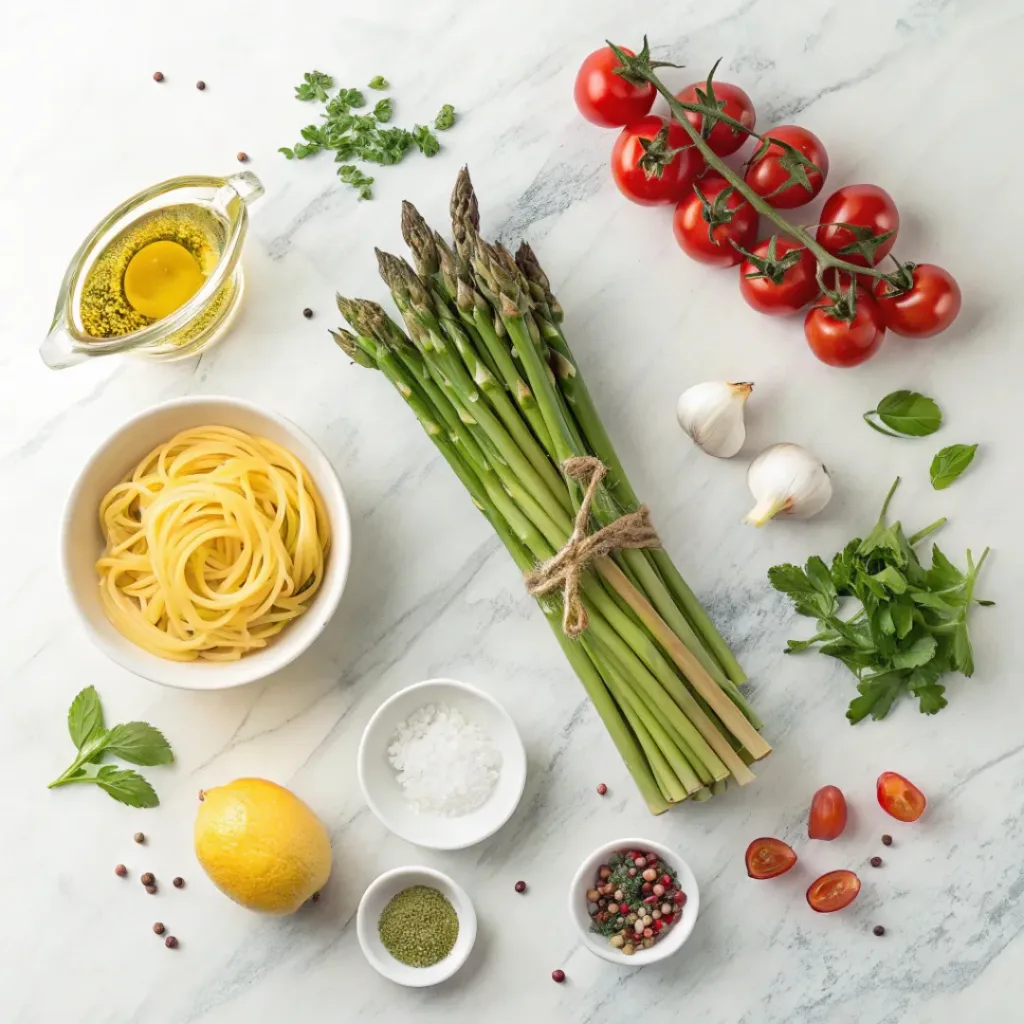 Flat lay of pasta, asparagus, cherry tomatoes, herbs, olive oil, and vinaigrette ingredients.