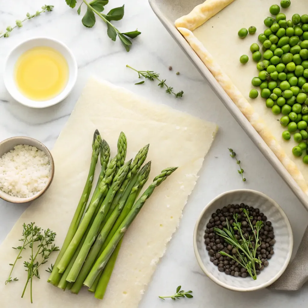 Asparagus Pea Tart – Fresh Spring Vegetable Delight 6 Asparagus, peas, puff pastry, olive oil, and herbs
