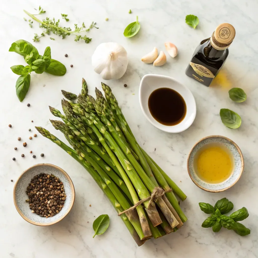 Flat lay of fresh asparagus, balsamic vinegar, olive oil, garlic, and seasonings.