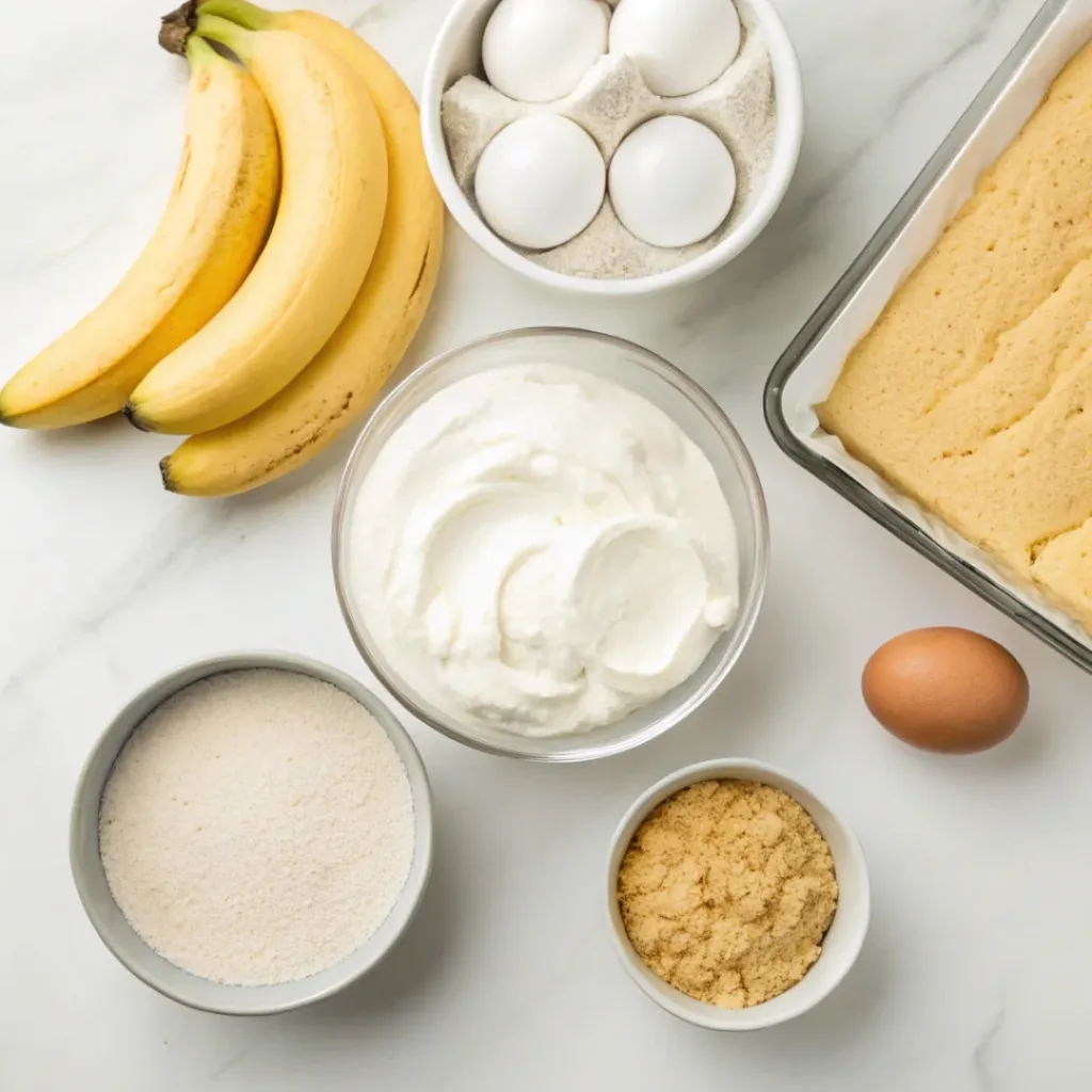 Flat lay of bananas, cake mix, vanilla pudding, eggs, milk, and whipped topping.