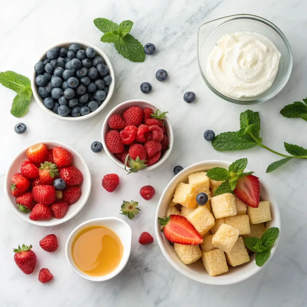 Flat lay of sponge cake cubes, fresh berries, whipped cream, and mint leaves for trifle.