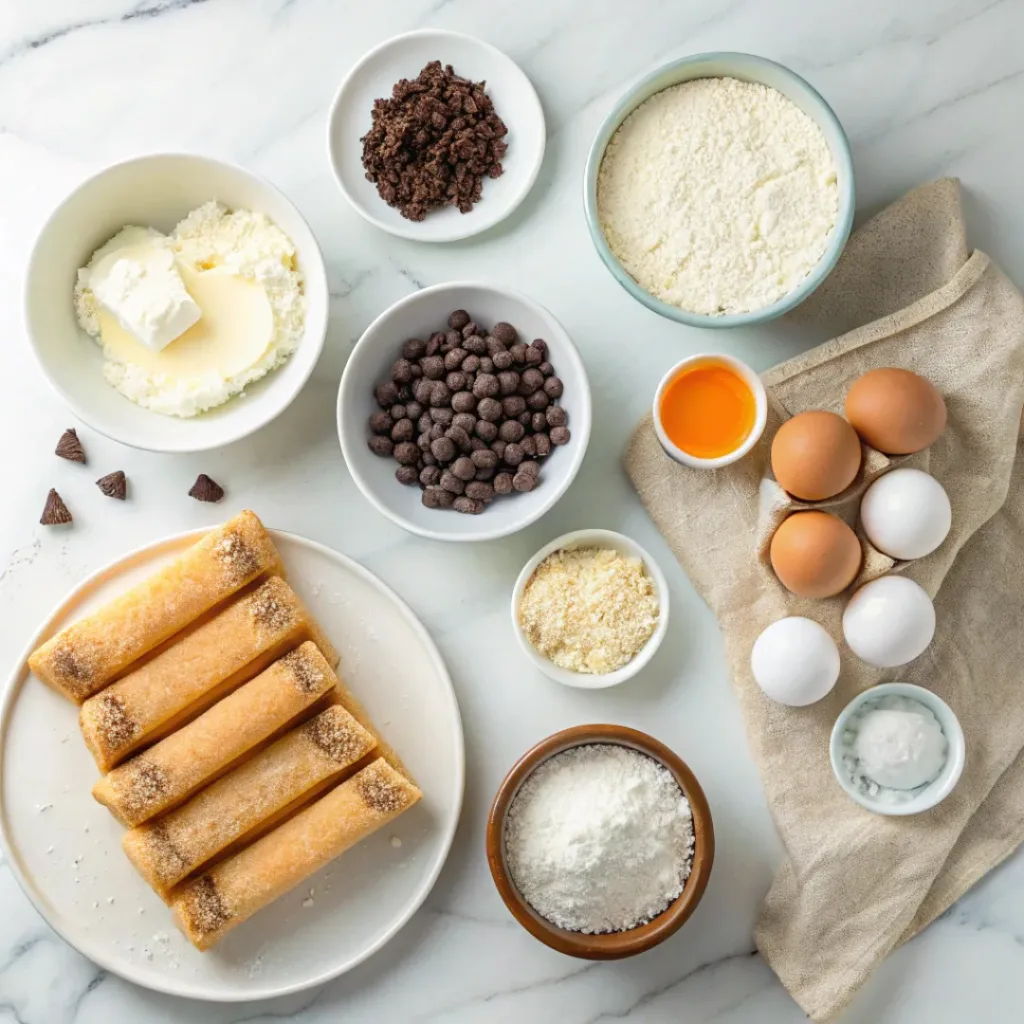 Cannoli Cheesecake Bars – Creamy Italian Dessert Bars 6 Flat lay of ricotta, cream cheese, sugar, eggs, chocolate chips, and pastry crust ingredients.