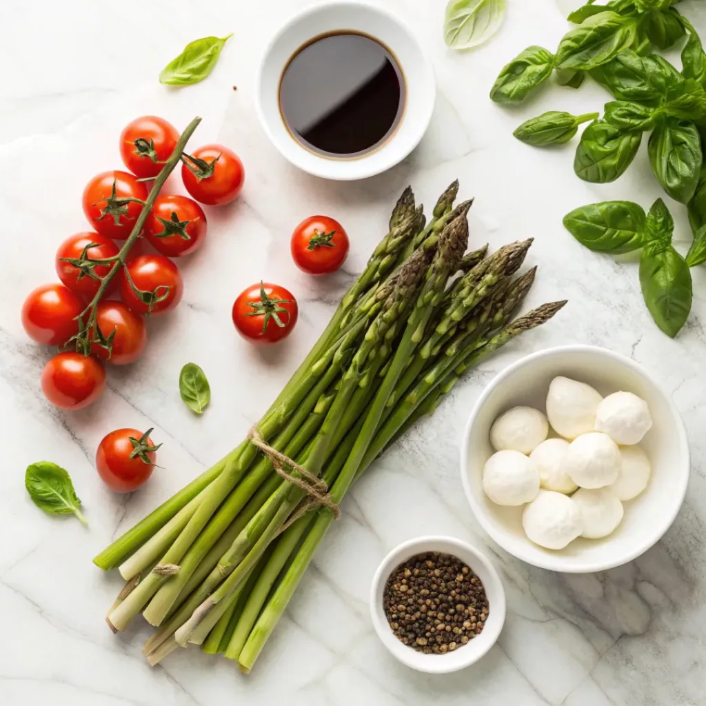 Flat lay of fresh asparagus, cherry tomatoes, mozzarella, basil, olive oil, and balsamic glaze.