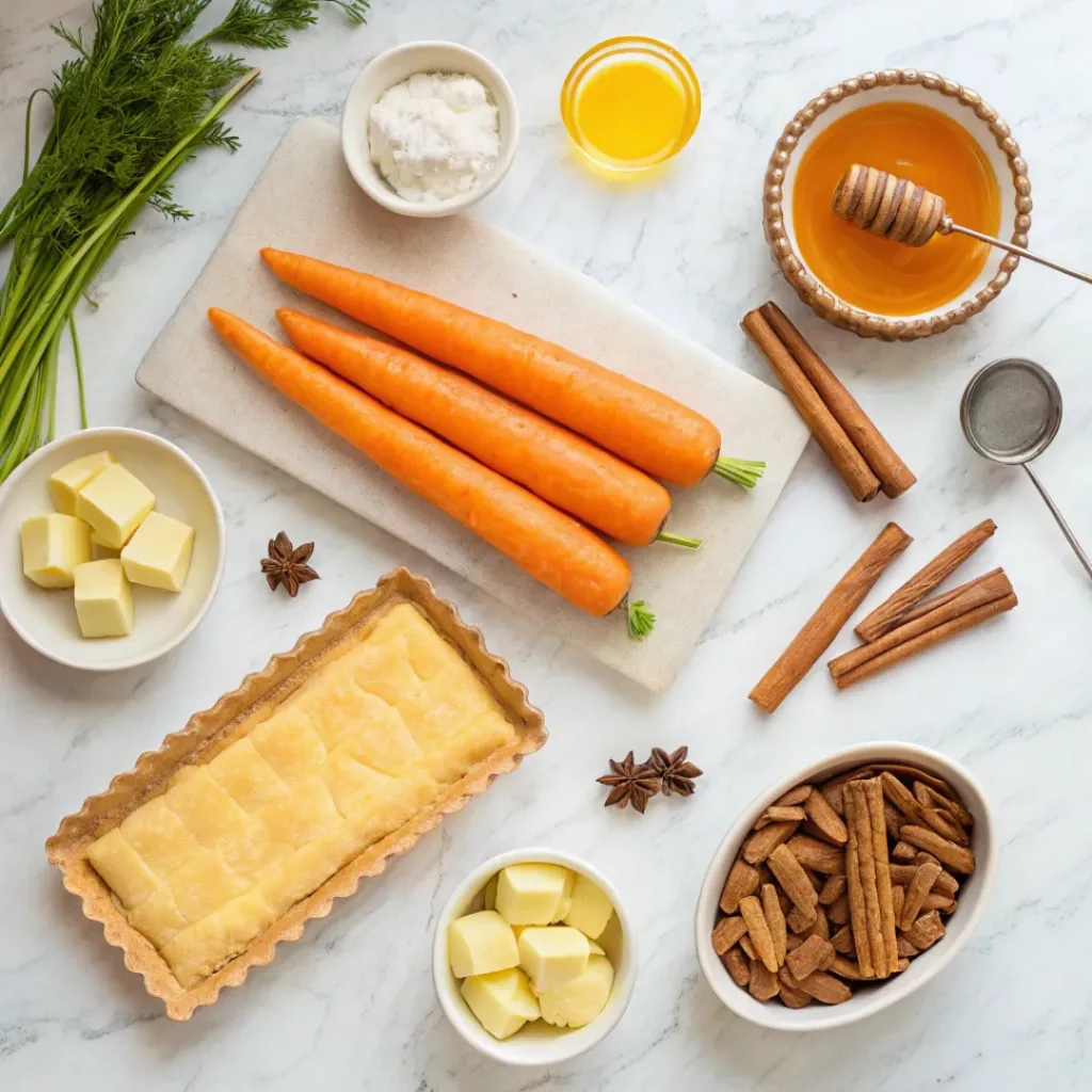 Flat lay of fresh carrots, puff pastry, butter, sugar, honey, and spices.