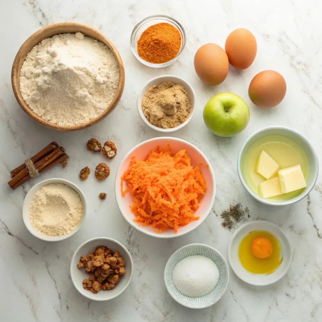 Flat lay of flour, grated carrot, grated apple, sugar, eggs, butter, baking powder, and spices.