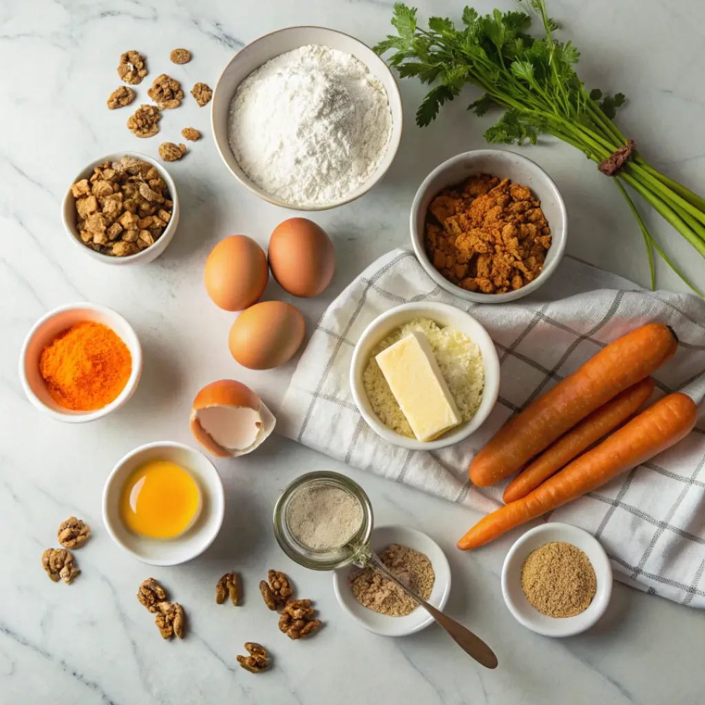 Grated carrots, eggs, flour, sugar, spices, and walnuts arranged for carrot cake loaf.