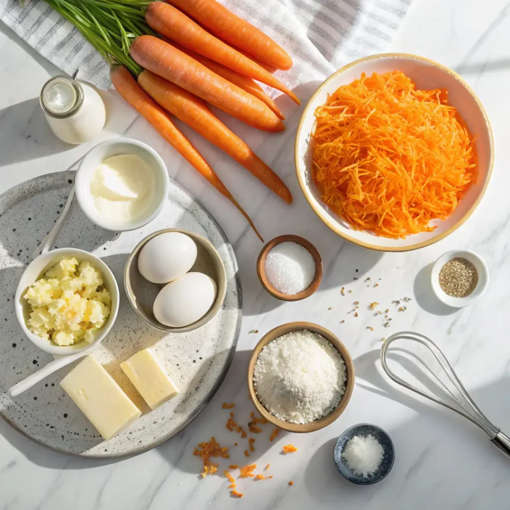 Fresh carrots, eggs, butter, cheese, and breadcrumbs arranged for carrot casserole.