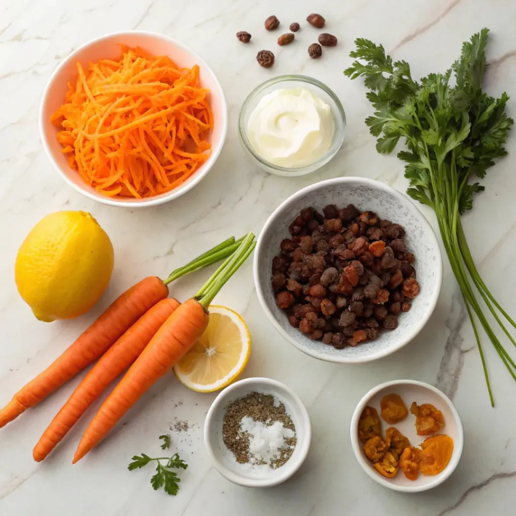 Flat lay of carrots, raisins, mayonnaise, lemon juice, and sugar.