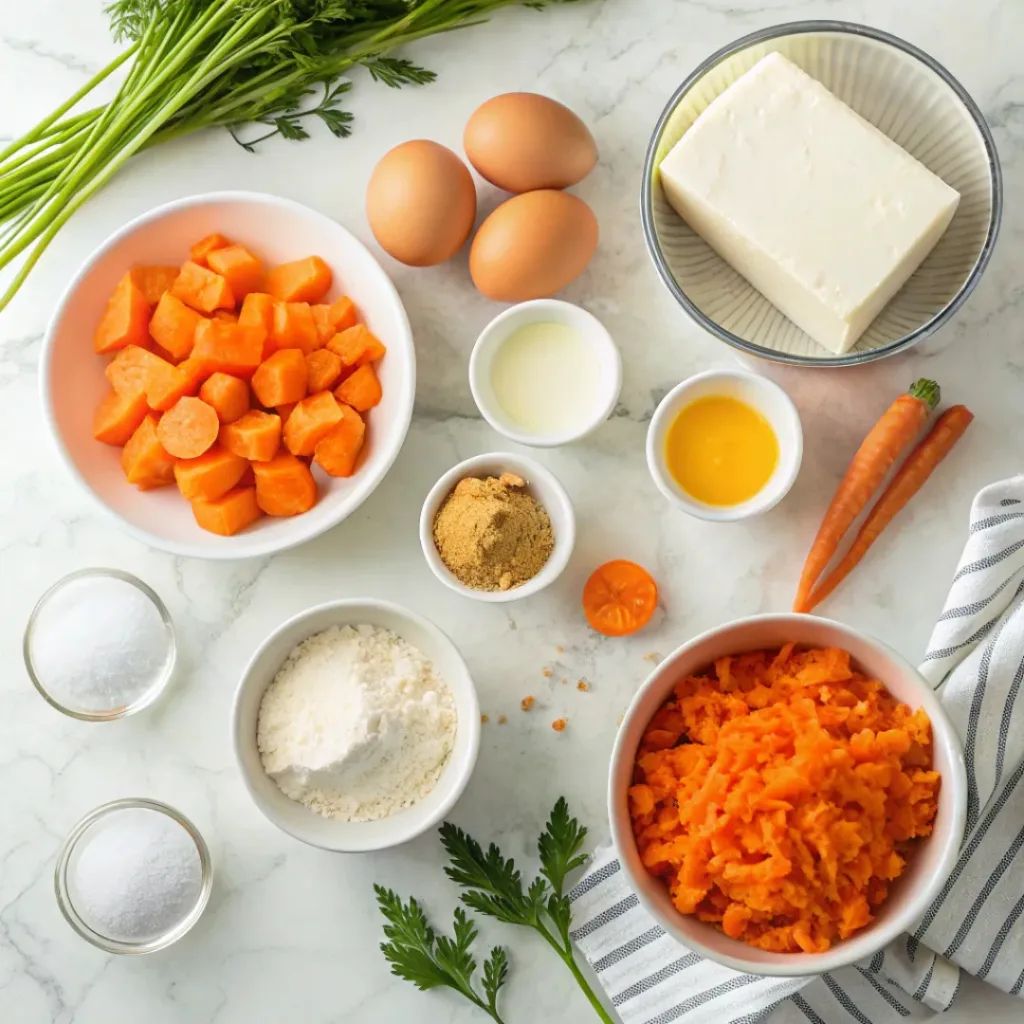 Peeled carrots, eggs, cream, butter, sugar, and seasonings arranged for carrot soufflé.