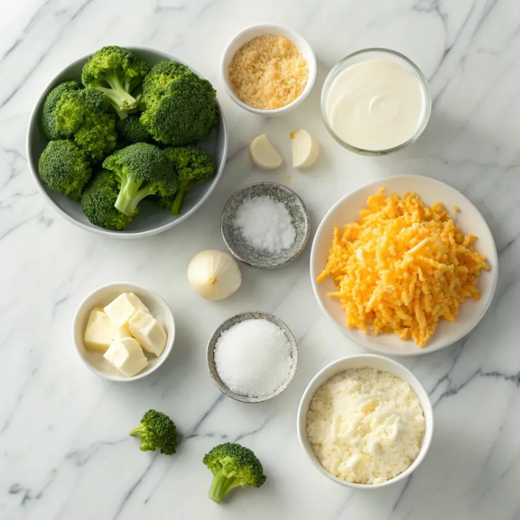 Fresh broccoli, shredded cheddar, milk, butter, breadcrumbs, and seasonings arranged for casserole.
