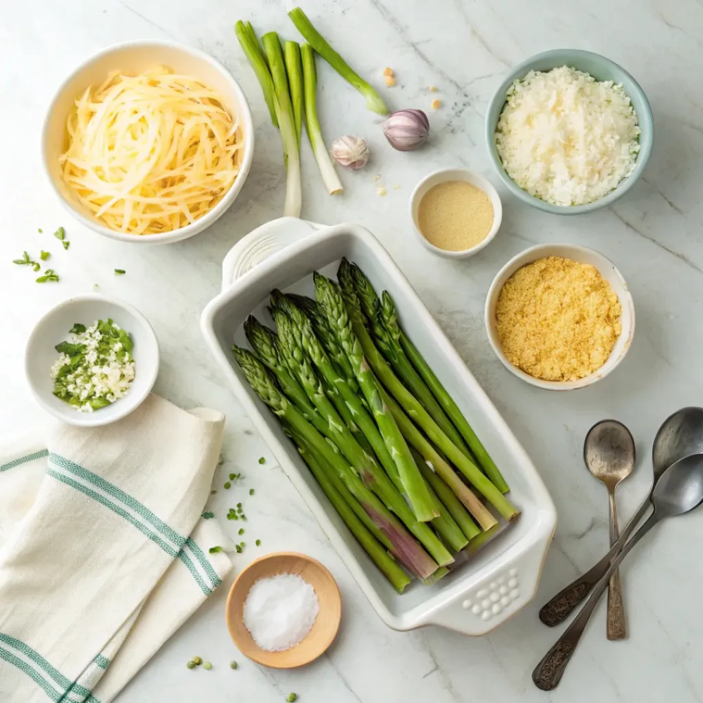 Flat lay of asparagus, cheese, cream, butter, garlic, and breadcrumbs for casserole.