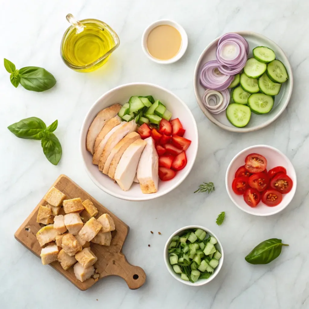 Flat lay of chicken breast, tomatoes, bread cubes, cucumber, olive oil, and basil.
