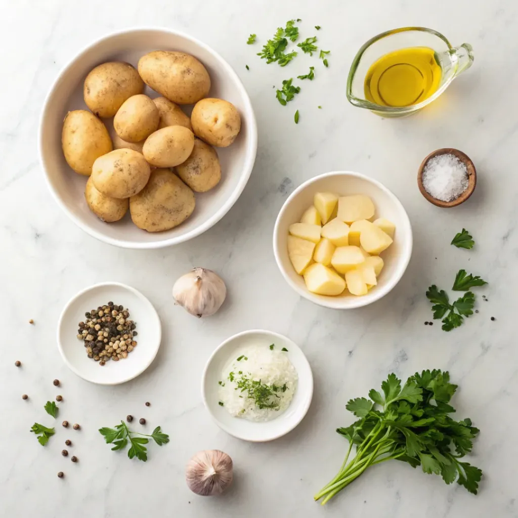 Flat lay of potatoes, garlic, olive oil, herbs, salt, and pepper.