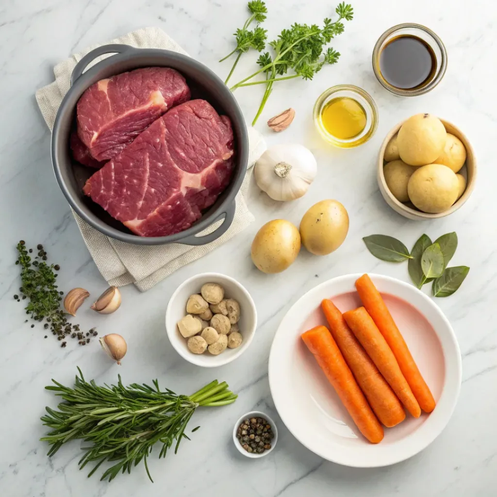 Flat lay of beef roast, carrots, potatoes, onions, garlic, and herbs.