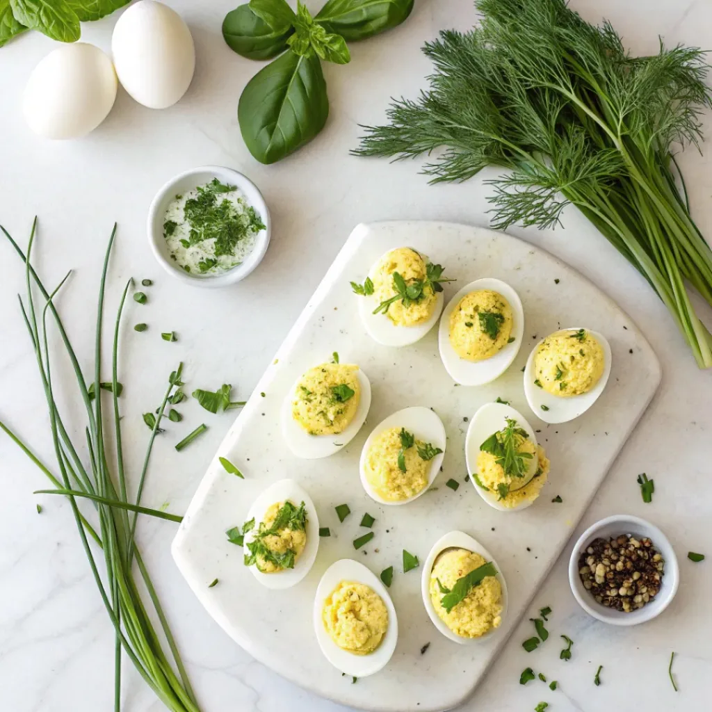 Deviled Eggs with Spring Herb – Fresh & Flavorful Appetizer 6 Flat lay of eggs, mayonnaise, mustard, vinegar, and fresh herbs.