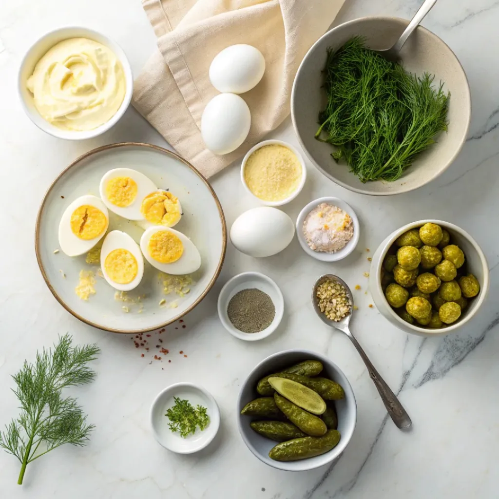 Ingredients for Dill Pickle Deviled Eggs