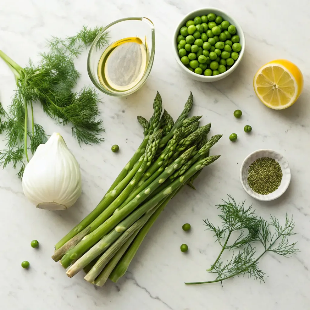 Flat lay of fennel bulb, fresh asparagus, green peas, lemon, olive oil, and herbs.