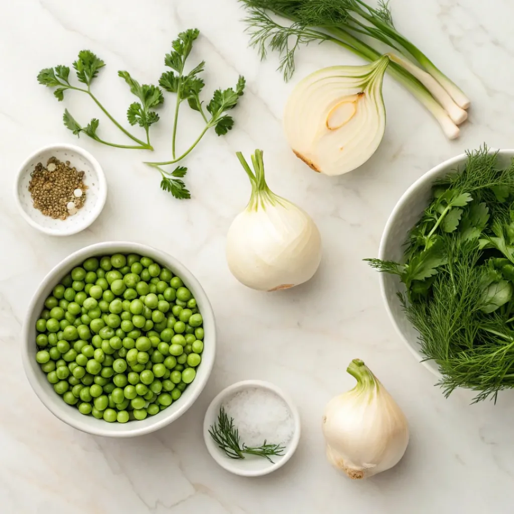 Flat lay of fresh fennel bulbs, green peas, onions, garlic, vegetable stock, and herbs.