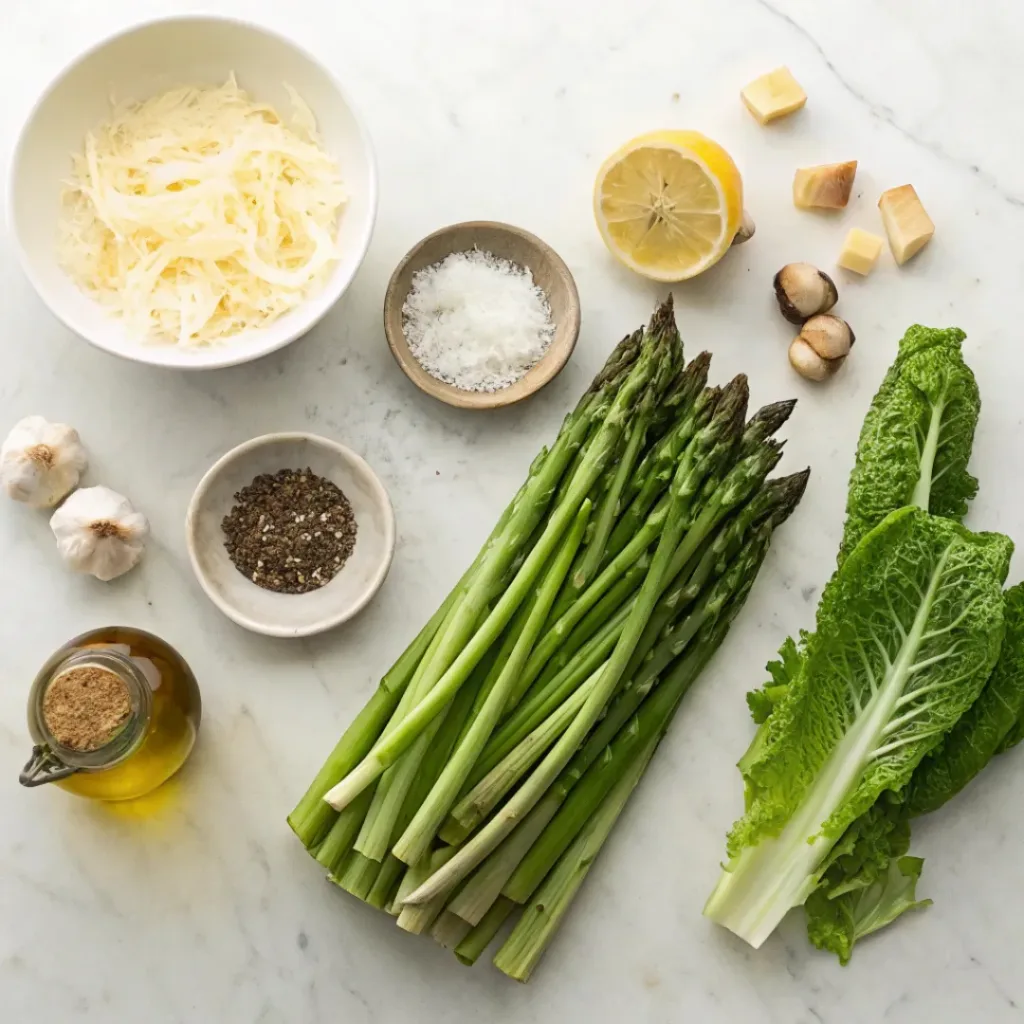 Flat lay of asparagus, romaine lettuce, Parmesan, croutons, Caesar dressing, and lemon.