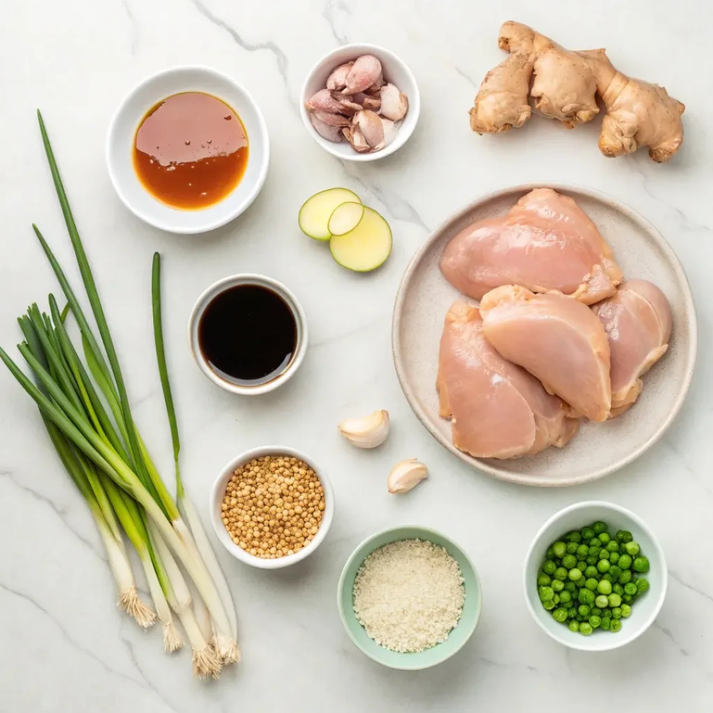 Flat lay of chicken thighs, honey, garlic, soy sauce, ginger, and sesame seeds.