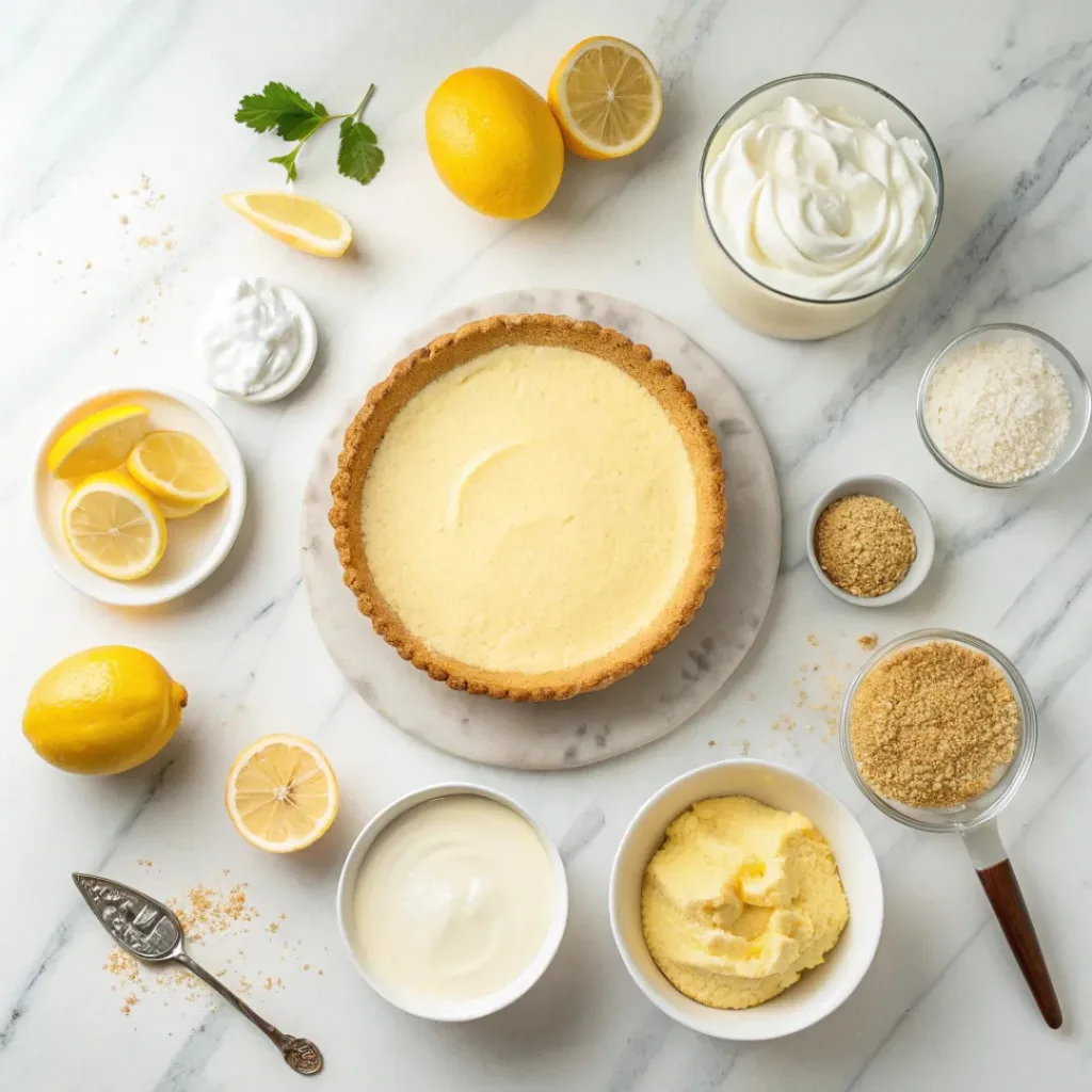 Lemons, condensed milk, cream cheese, whipped topping, and graham crust arranged for lemon pie.