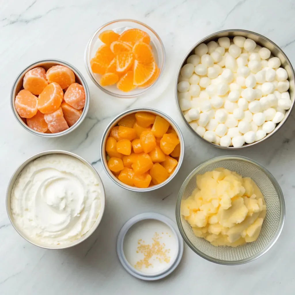 Step-by-step collage showing baking cake, poking holes, adding orange mixture, and spreading whipped topping.
