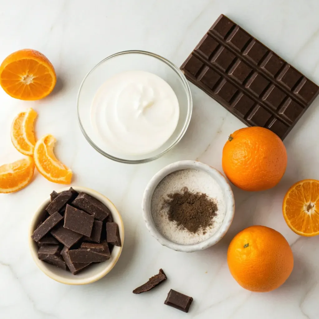 Flat lay of cream, dark chocolate, sugar, and oranges used to make orange chocolate posset.