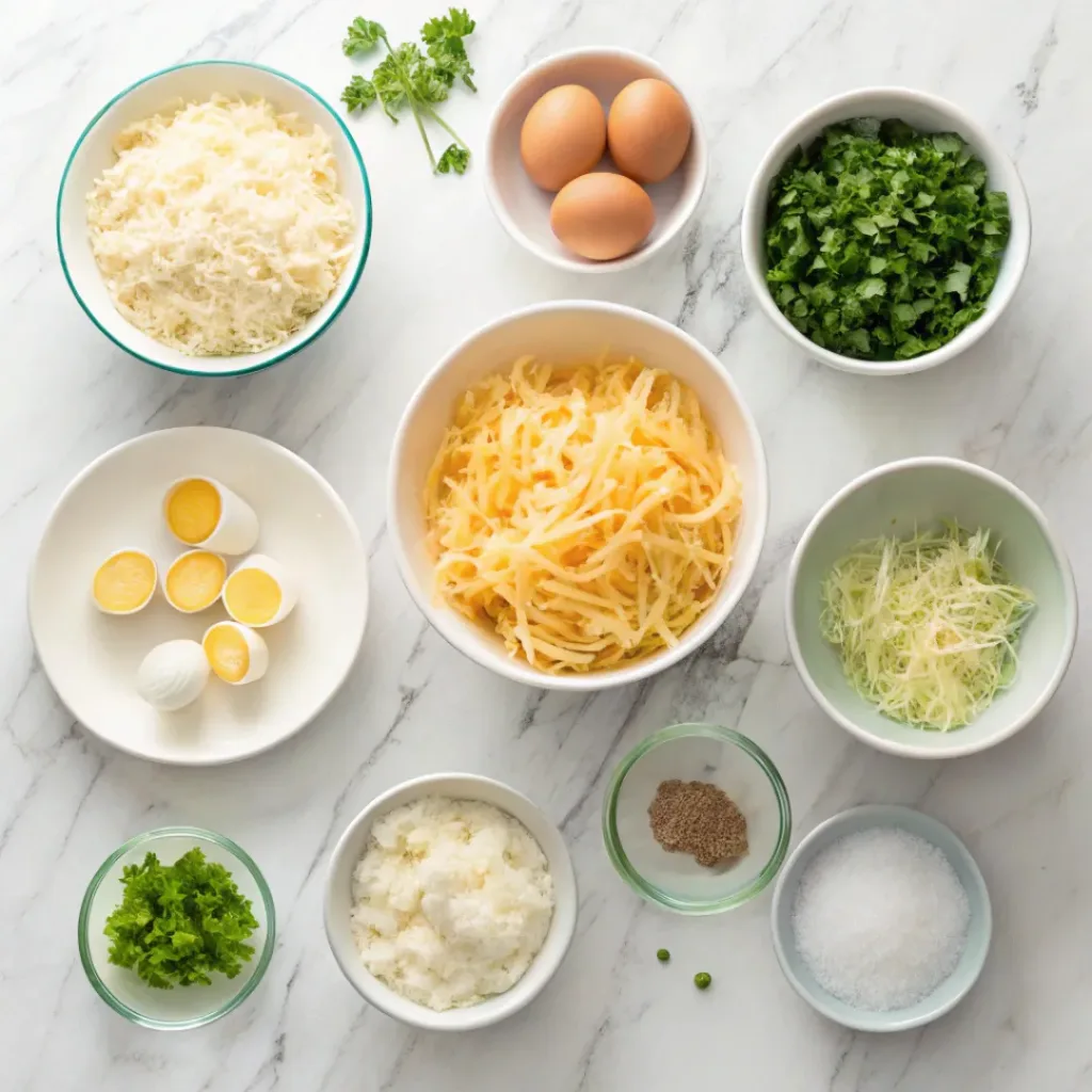 Flat lay of shredded potatoes, parmesan cheese, eggs, butter, and herbs.