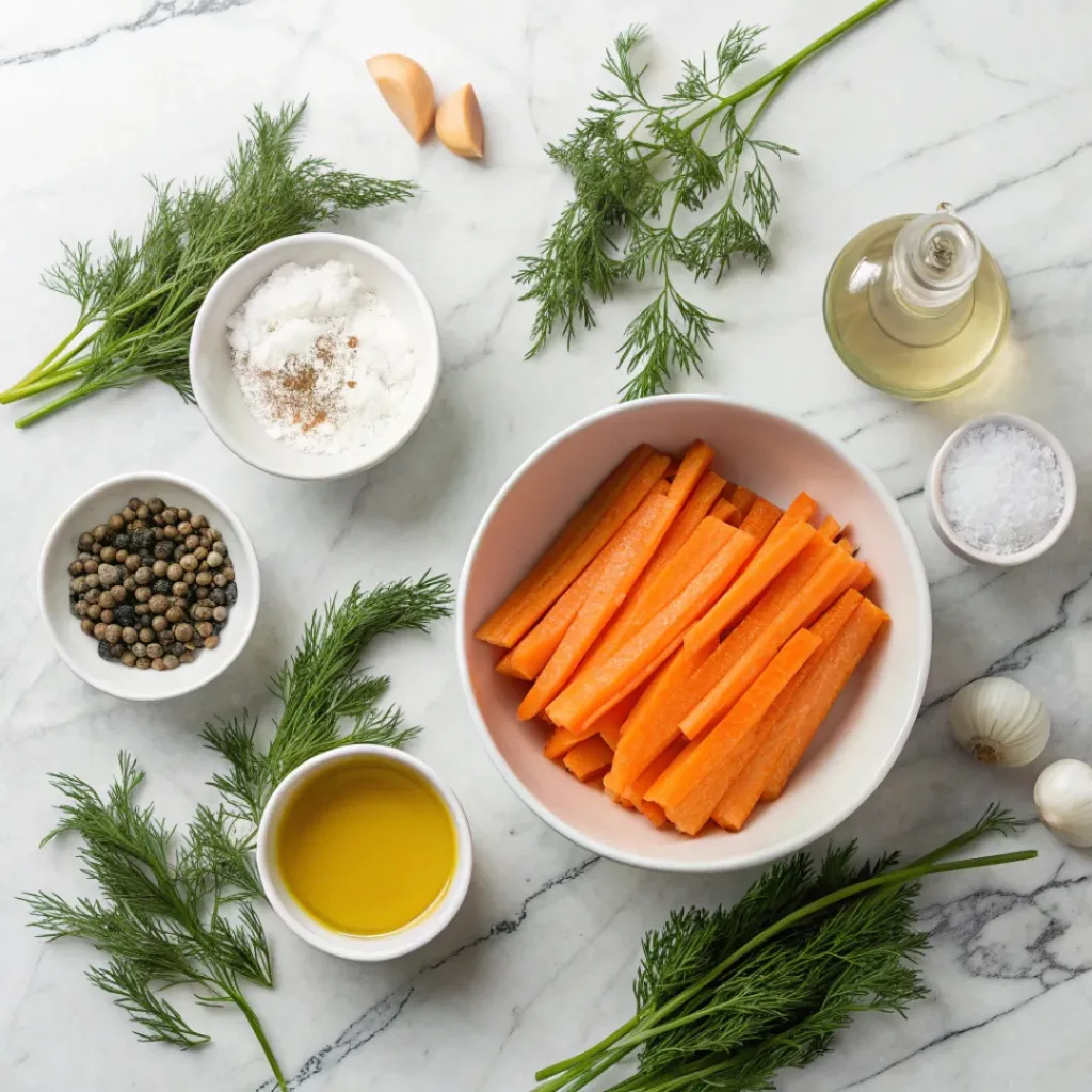 Carrots, garlic, dill, vinegar, and spices arranged for pickling.