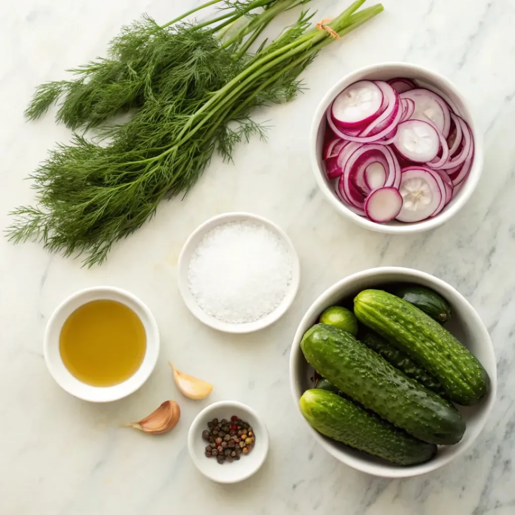 Pickled Cucumbers and Onions – Crisp, Tangy Refrigerator Pickles 6 Flat lay of cucumbers, onions, vinegar, sugar, salt, and dill.