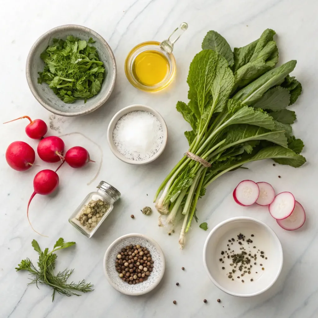 Flat lay of fresh radishes, vinegar, sugar, salt, garlic, and spices.