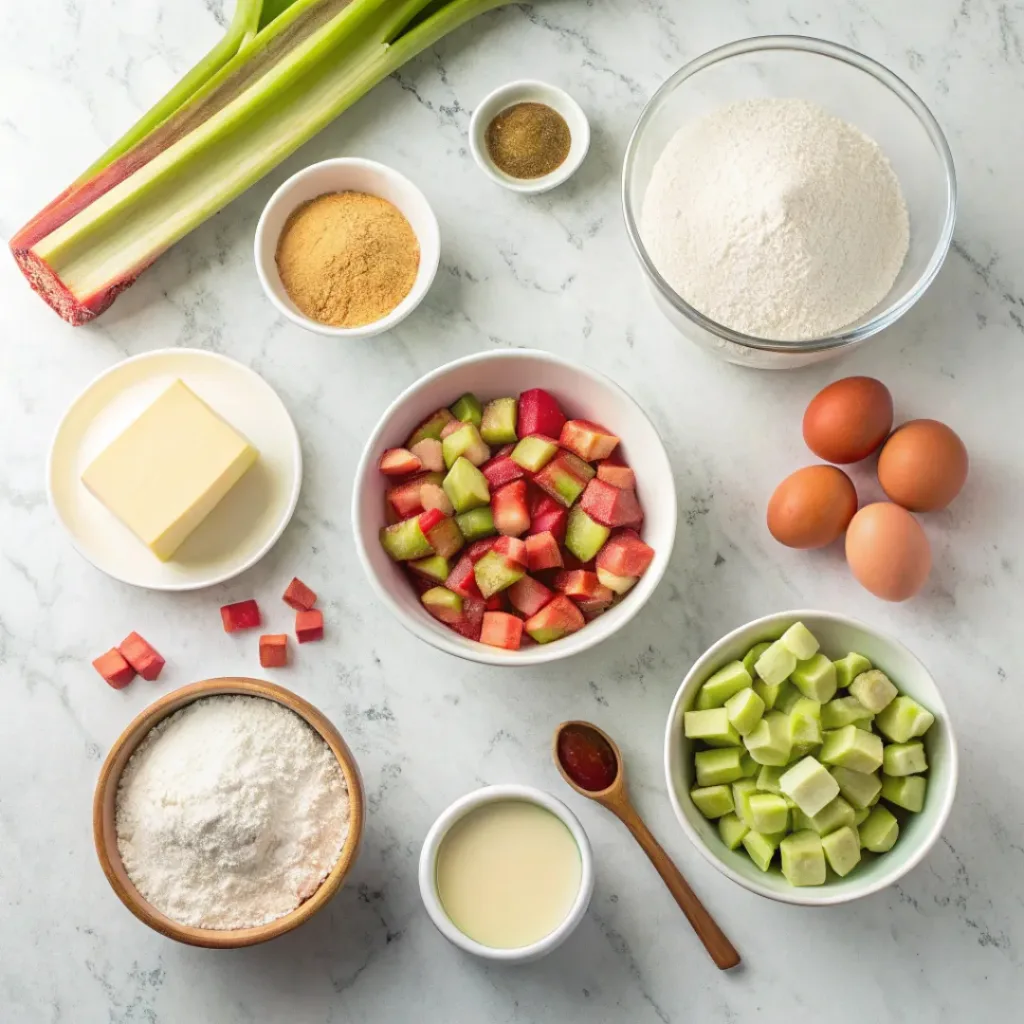 Flat lay of rhubarb, flour, sugar, butter, yeast, cinnamon, eggs, and milk.