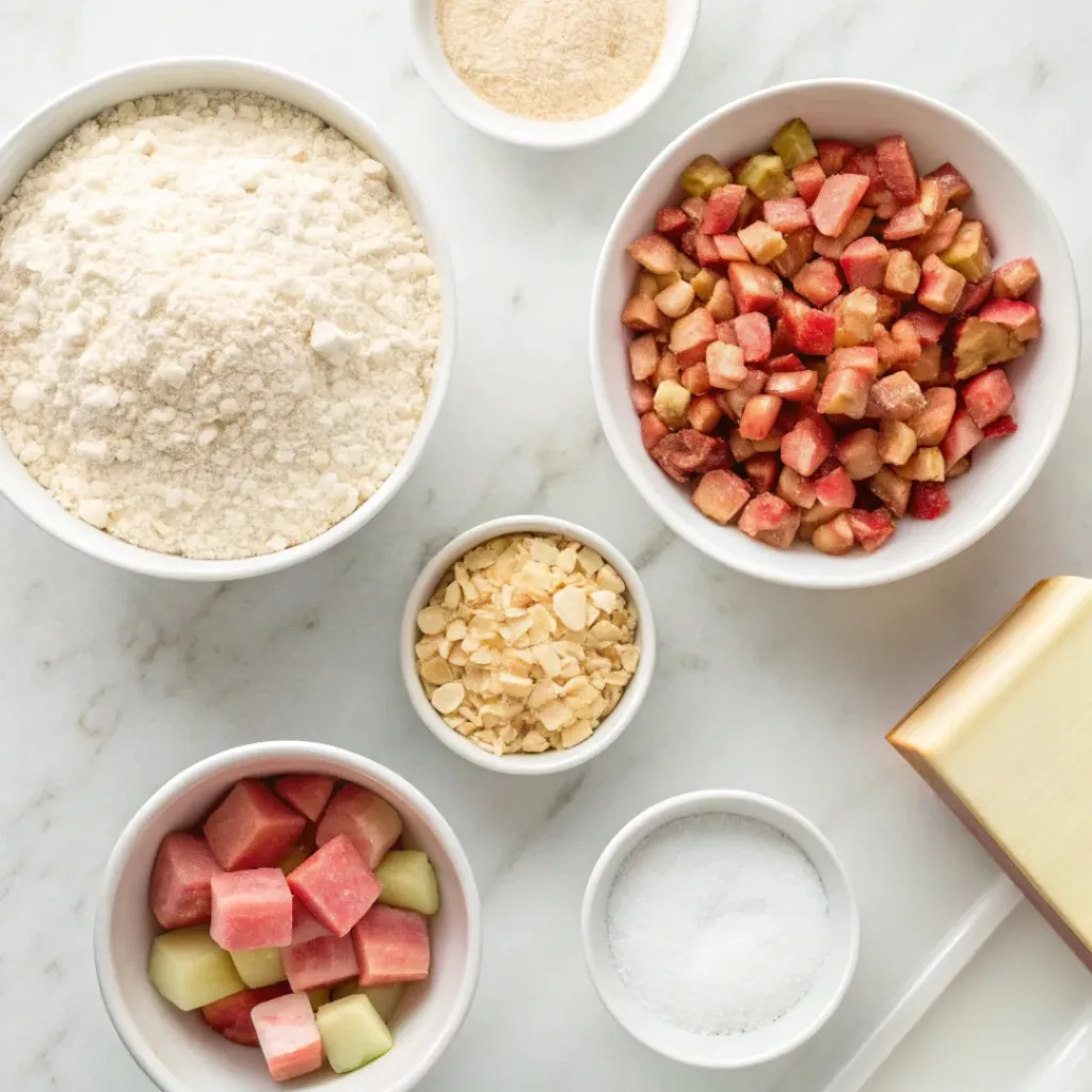 Flat lay of rhubarb stalks, sugar, oats, flour, butter, and cinnamon.