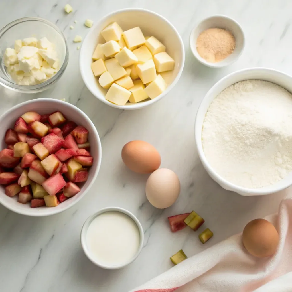 Flat lay of rhubarb stalks, eggs, sugar, butter, flour, and cream.