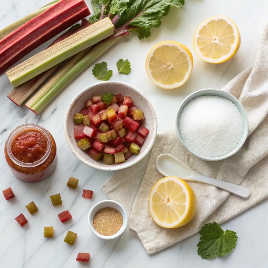 Flat lay of fresh rhubarb stalks, sugar, and lemon.