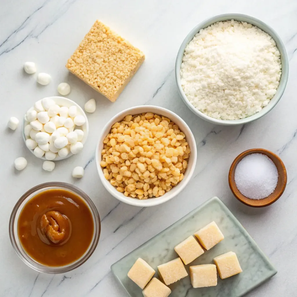 Salted Caramel Rice Krispie Treats – Gooey, Sweet & Irresistible 6 Flat lay of Rice Krispies cereal, marshmallows, butter, caramel sauce, and sea salt.