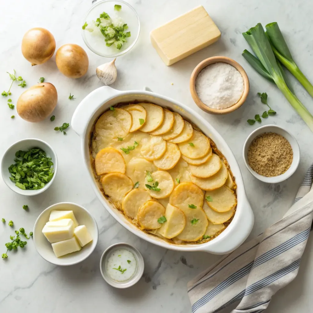 Potatoes, leeks, cream, butter, and herbs for scalloped potatoes