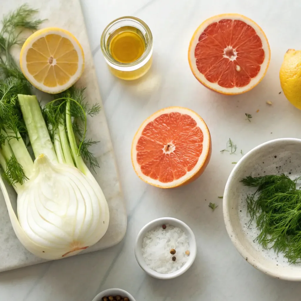 Flat lay of fennel bulb, oranges, grapefruit, olive oil, lemon, and fresh herbs.