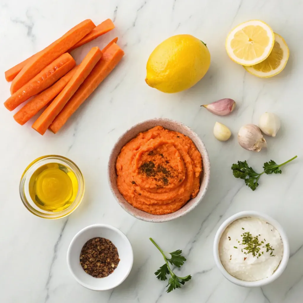 Flat lay of carrots, olive oil, garlic, smoked paprika, lemon, and spices.