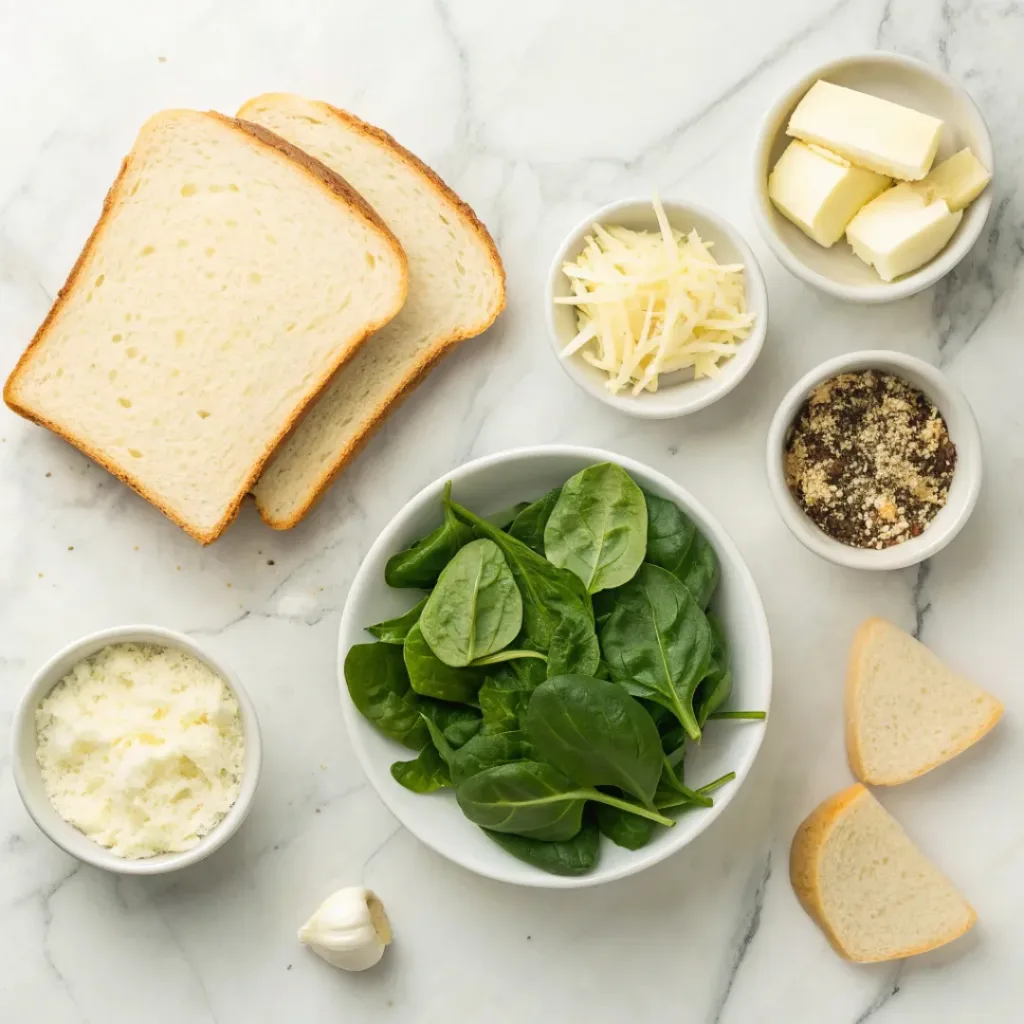 Flat lay of bread, spinach, artichokes, cheese, butter, and seasonings.