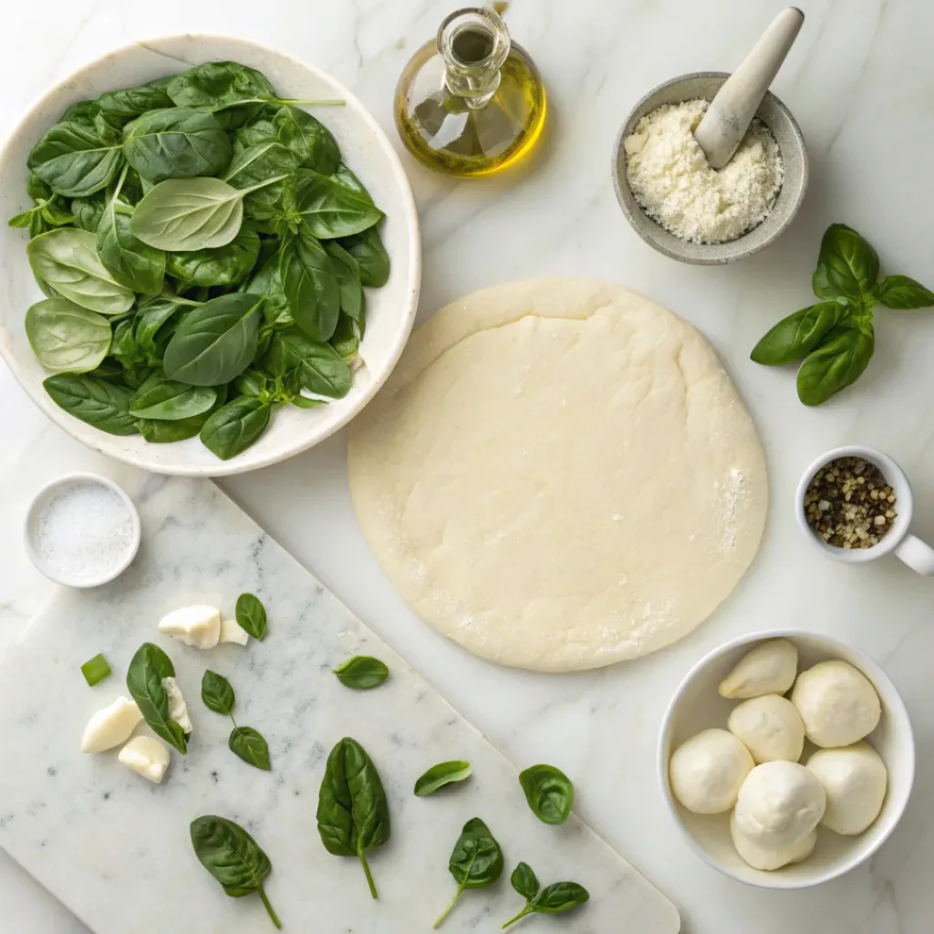 Flat lay of pizza dough, spinach, artichokes, cheese, garlic, and cream cheese.
